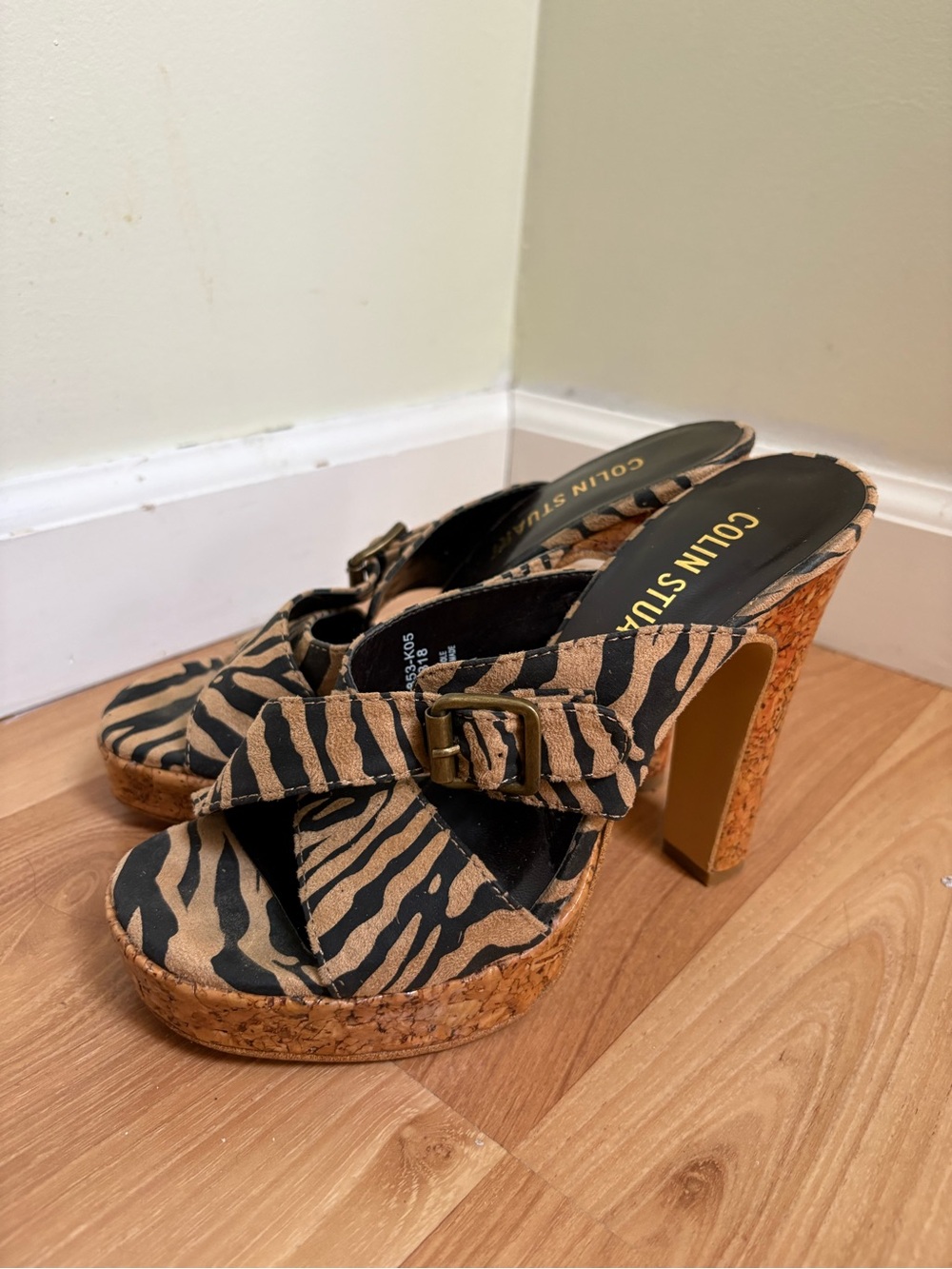 Colin Stuart Zebra-Print Cork Platform Heels in Tan and Black